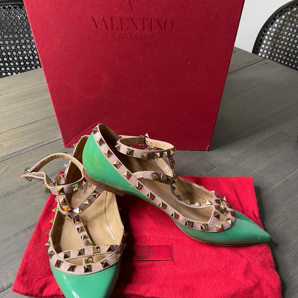 Valentino Garavani Rockstud Green Ballet Flats